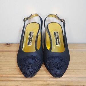 Bruno Magli Black Embroidered Slingback Heels